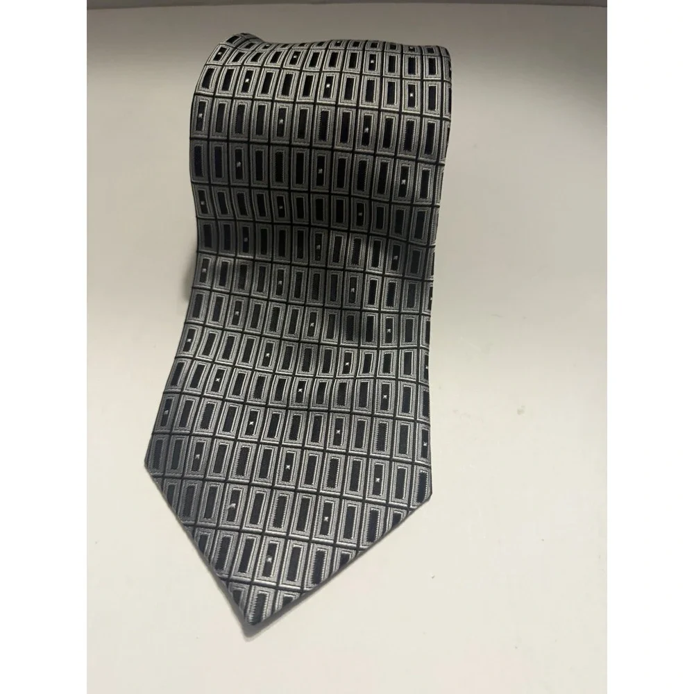 Bellini New York Milan Mens Silk Tie Silver Black Geometric Hand Made Necktie